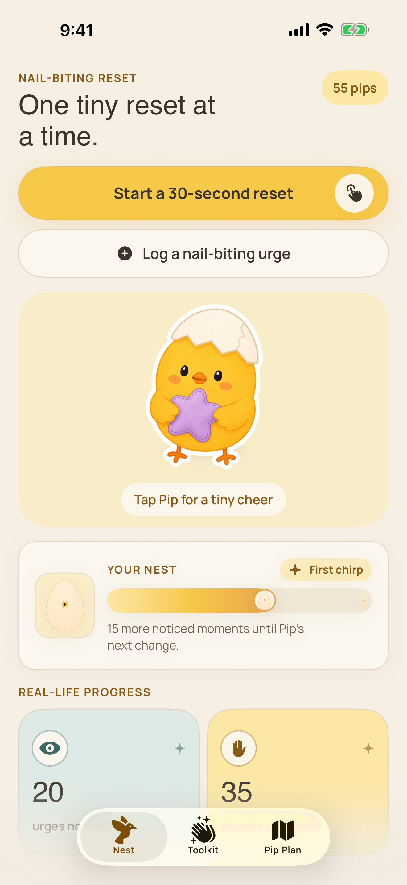 Pipping Nest with a free 30-second reset and urge logging